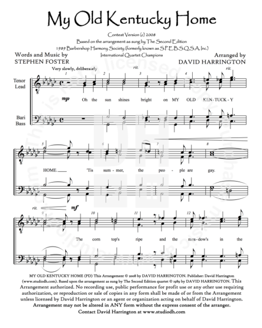 "My Old Kentucky Home" - contest version - men's 4-part chart