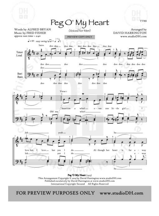 "Peg O' My Heart" - men's 4-part chart