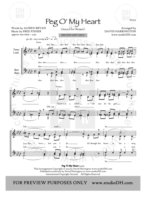 "Peg O' My Heart" - women's 4-part chart
